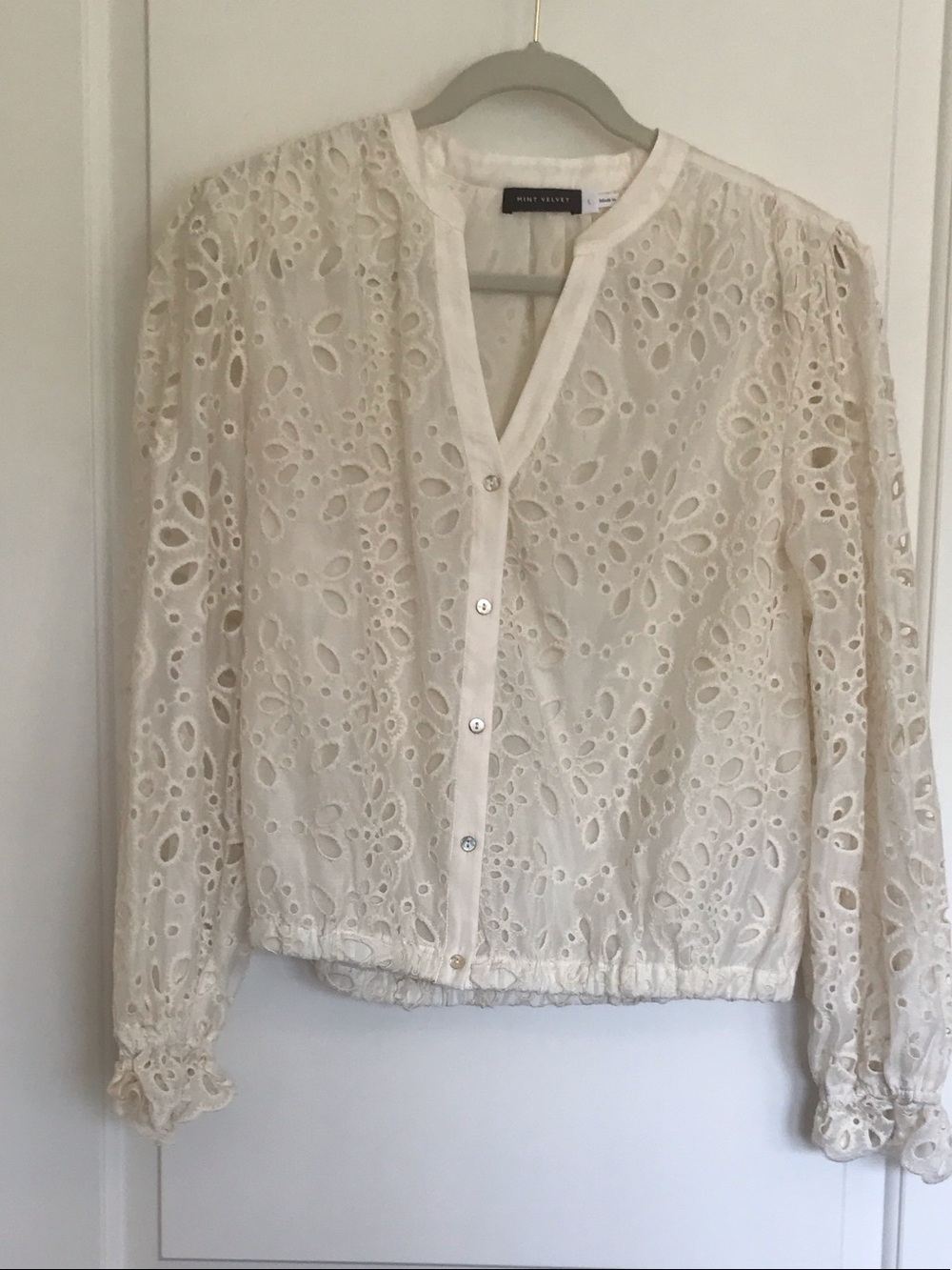 Mint Velvet Cream Eyelet Button-Front Blouse with V-Neck